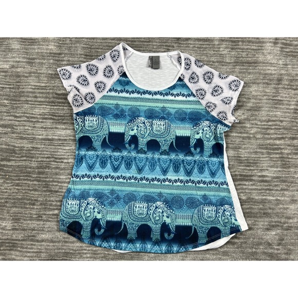New Directions Top Womens Large Blue White‎ Elephant Studded Weekend - Picture 1 of 11